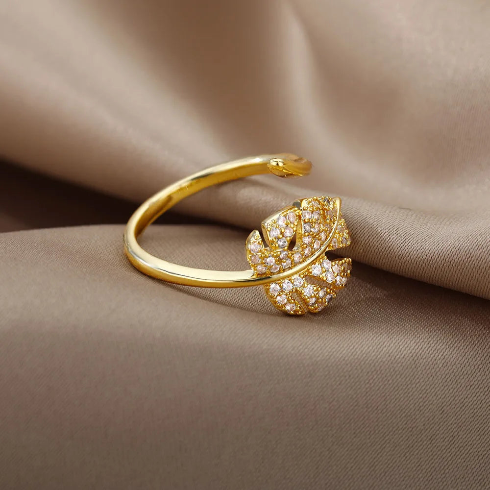 Gold palm leaf adjustable ring with zircon design