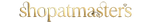 Gold 'shopatmasters' logo on a dark background